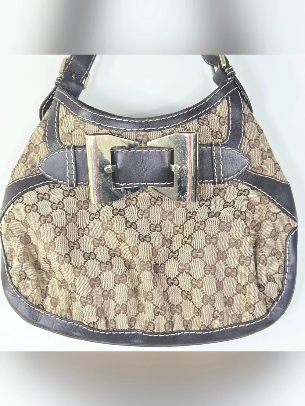 Y2K VINTAGE GUCCI QUEEN BOW GG MONOGRAM HOBO SHOULDER BAG.
